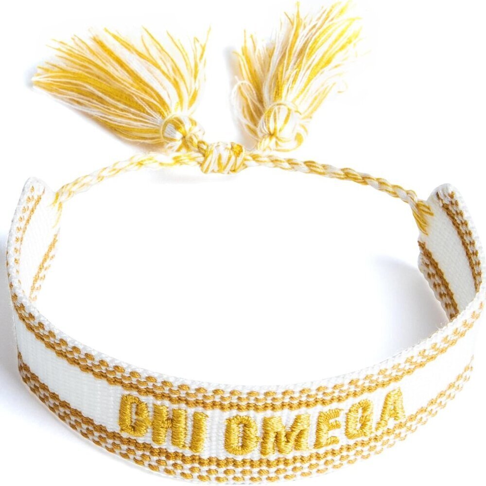 Chi Omega Woven Cotton Bracelet White Gold Tassels Sorority Jewelry Gift